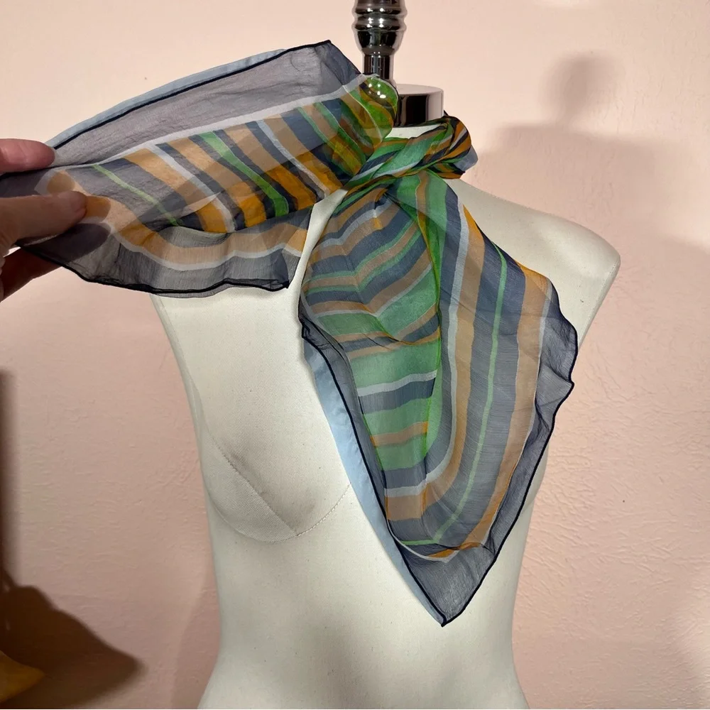 Vintage semi sheer striped Mod Green Blue Square Neck Scarf
